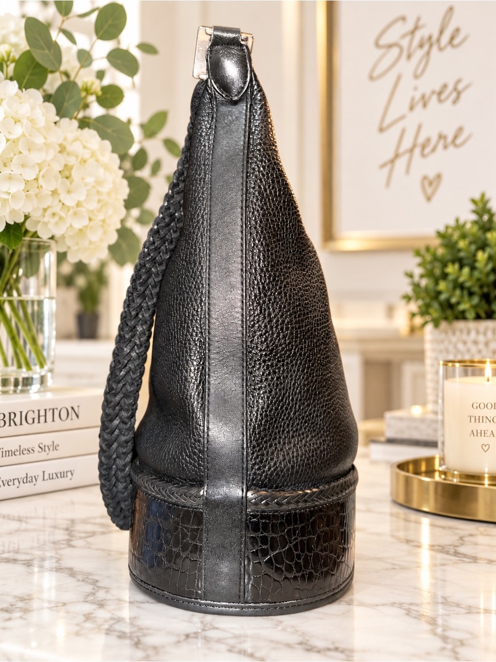 Brighton Large Black Leather Bucket Bag Croc Trim Braided Strap | Vintage | EUC - Picture 3 of 10